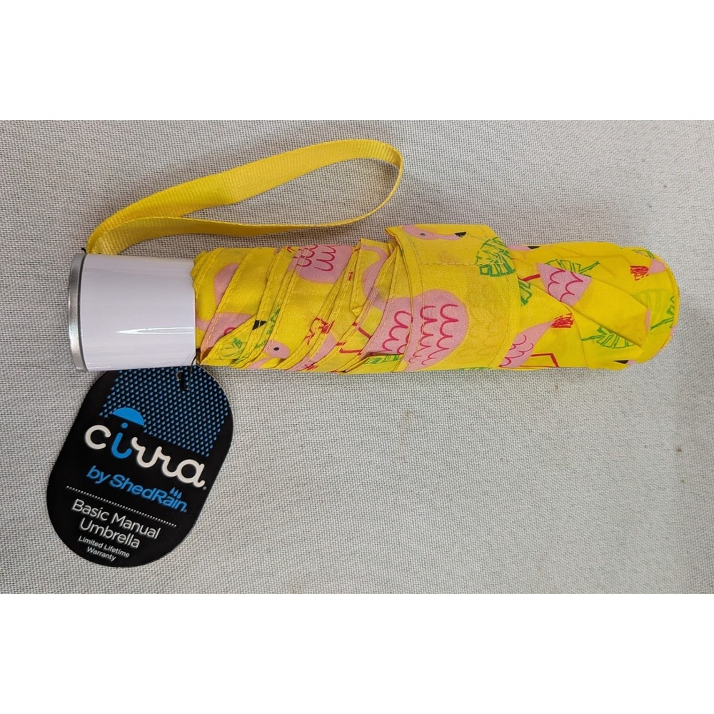 Cirra by ShedRain Umbrella Womens OS Yellow New Flamingo Print Compact Manual